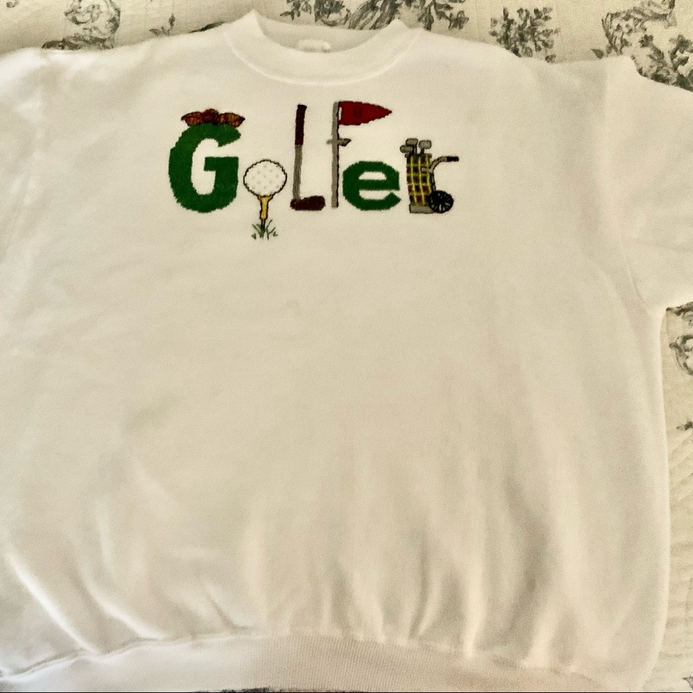 NEW, never worn short sleeve sweatshirt hand decorated in petit point…so cute!
